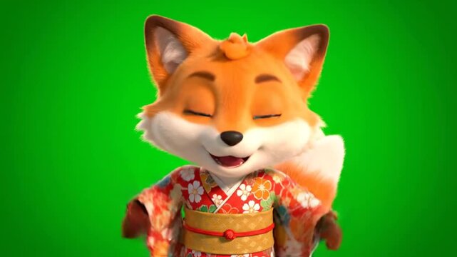 Cute cartoon fox character dressed in traditional Japanese kimono smiling charmingly against a vibrant green background