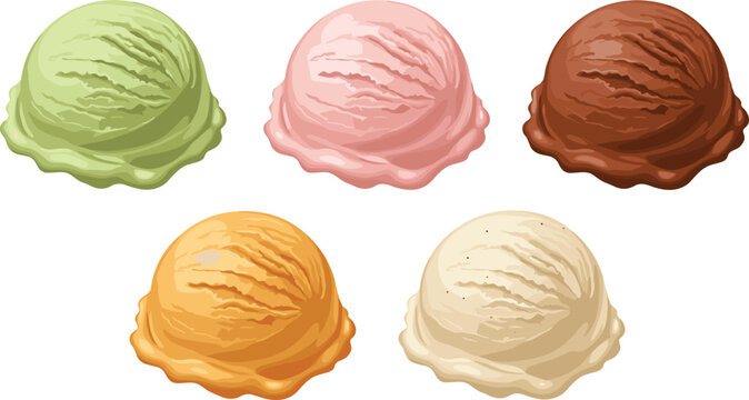 Ice Cream Scoops Set with Vanilla Chocolate Strawberry Pistachio and Caramel Flavors Isolated on White Background Vector