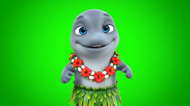 Charming cartoon dolphin character wearing a floral necklace and grass skirt standing against a vibrant green background for entertainment themes