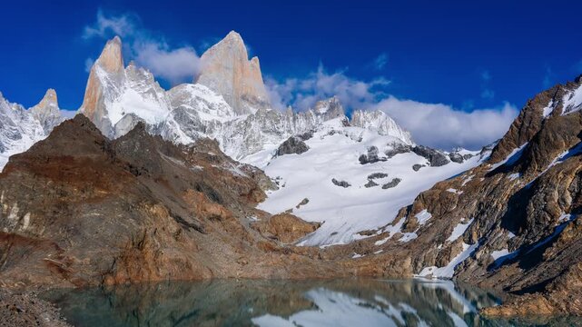 Timelapse of Mount Fitz Roy (Cerro Chalt&eacute;n) with fast-moving lenticular clouds, Patagonia, Argentina