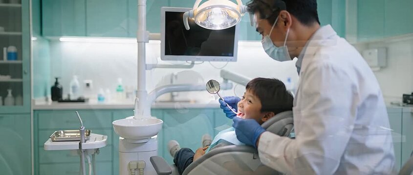 Professional dentist in clean white scrubs carefully checking and scaling the teeth of a young child patient in a bright modern dental clinic
