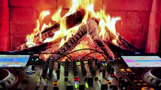 Professional DJ Controller  with Cozy Fireplace Background and Warm Interior Vibe
