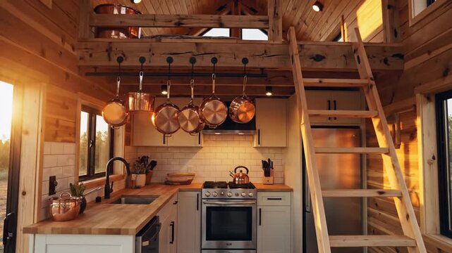 Rustic Tiny House Kitchen Illuminated By Golden Hour Sunbeams Cozy Living Space