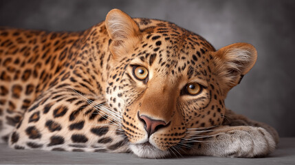 Fototapeta premium Close-up of a leopard resting on a surface, showcasing its distinctive spotted fur and intense gaze against a blurred gray background