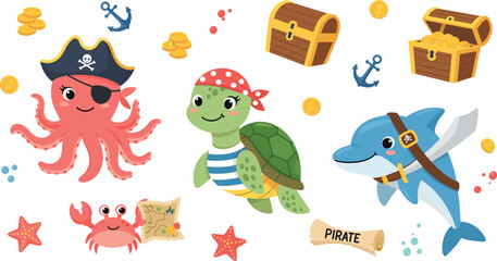 Cute sea pirate animal characters set featuring octopus with eye patch turtle in bandana and dolphin with sword plus treasure chests and gold coins. © MdGohurul