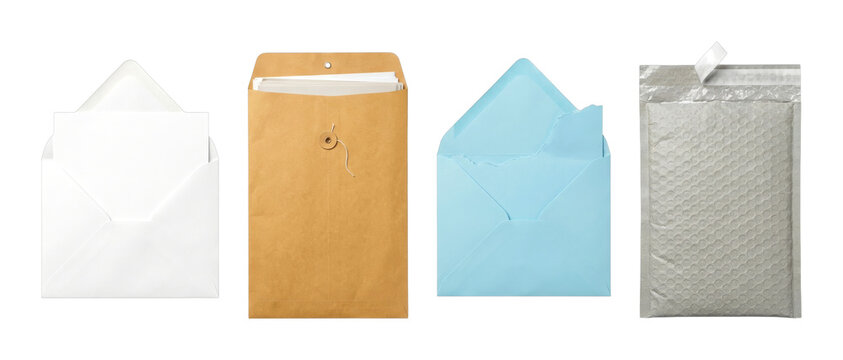 Various envelopes and mailers in different colors and materials are arranged horizontally, showcasing options for sending letters and packages.