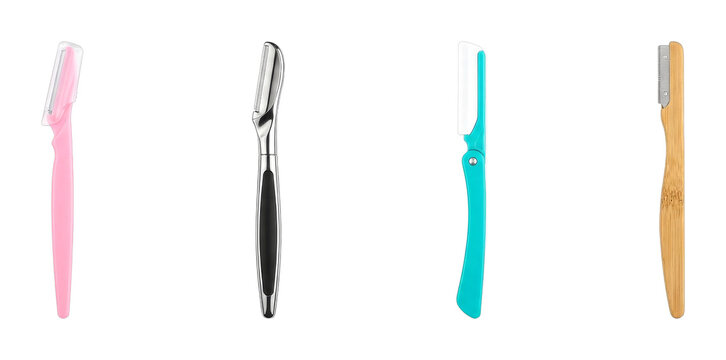Four different eyebrow razors and dermaplaning tools are neatly arranged vertically, showcasing various designs and materials for facial hair removal and exfoliation.