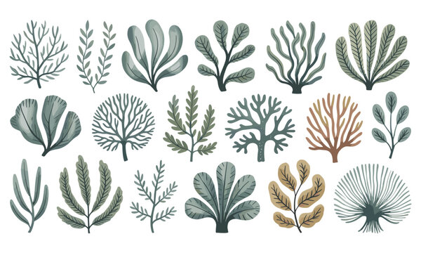 Collection of illustrated seaweed and aquatic plant arrangements