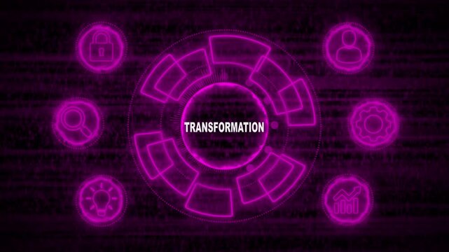 Glowing Neon line TRANSFORMATION  business and technology concept. Financial success concept on virtual screen. Business, Technology, Internet and networking concept. 4k video noise background. 