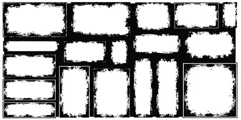 A collection of black grunge frames and distressed borders for graphic design