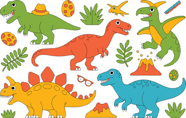 Fototapeta premium Cartoon dinosaur stickers collection featuring green tyrannosaurus orange triceratops and blue brachiosaurus