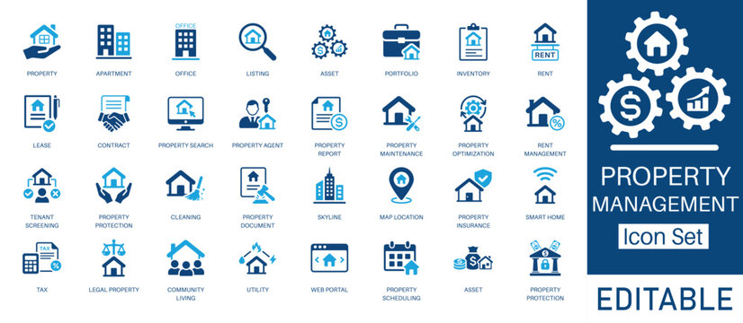 Property Management and Real Estate solid icon set. Includes symbols for Tenant Screening, Smart Home, Property Optimization, and Listing. Solid vector icons for rent and lease.