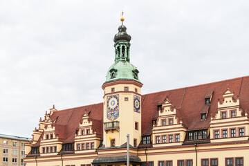 Fototapeta premium The tower on the building of the Leipzig History Museum in Germany on the central square