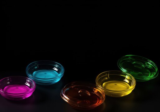 Arreglo repetitivo de donas horneadas, cubiertas con glaseados de colores intensos: rosa, azul, amarillo y verde. Fondo negro total, colorido, negro, treat