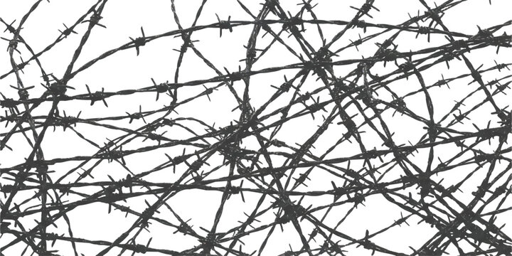 A chaotic tangle of sharp barbed wire creating a monochrome background illustration for concepts of danger and security