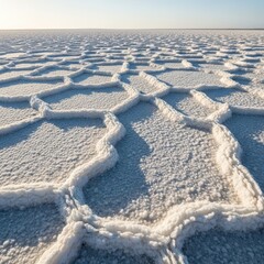 Rough, crystallized white salt deposits covering the arid expanse of a coastal flatland under bright afternoon sunlight, cracked, deposit, desert