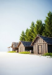 Rustic cluster of simple wooden huts located near a forest area, suggesting a primitive settlement or small village setting, clearing, nature, field