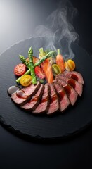 Tender, savory sliced beef preparation steaming hot with vibrant garden vegetables, showcasing healthy, modern cuisine, savory, sauce, beef