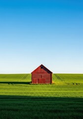 Traditional red wooden barn structure situated on expansive green farmland, surrounded by rolling fields and blue sky, rural, vast, tranquil