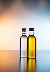 Two essential kitchen liquids, clear apple cider vinegar and rich yellow sunflower cooking oil, presented in glass bottles ready for seasoning, healthy fat, yellow, sunflower