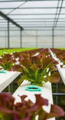 Vibrant red and green Simila lettuce maturing in hydroponic beds within a modern agricultural greenhouse facility, head, butterhead, vibrant