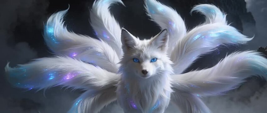 White 9-Tailed Fox With Glowing Blue Highlights Sprinting Toward Camera Across A Dark, Misty Landscape, Each Tail Flowing And Wagging Gracefully In Slow Motion, Fur Reacting Naturally To The Wind