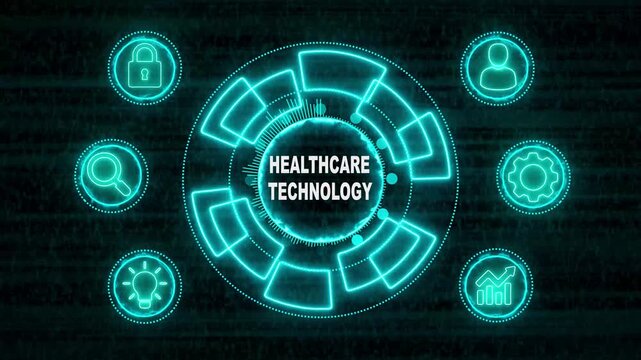 Glowing Neon line HEALTHCARE TECHNOLOGY business and technology concept. Financial success concept on virtual screen. Business, Technology, Internet and networking concept. 4k video noise background. 