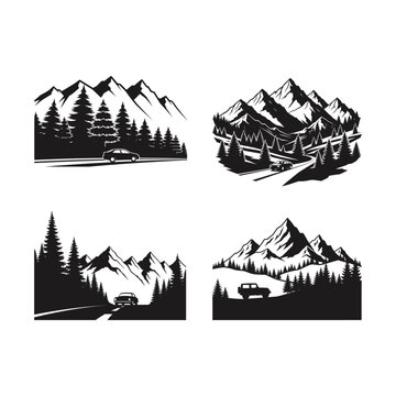 Mountain road vector set, forest landscape silhouette, car driving through pine trees, adventure travel icons, nature outdoors hiking camping badges, black and white minimalist wilderness peaks.