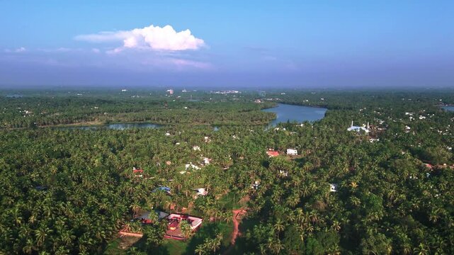 Aerial drone view of Kavvayi village in Kerala, surrounded by lush greenery, backwaters, and peaceful rural landscape.