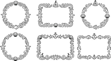 A charming collection of six decorative line art frames featuring marine elements like seashells starfish fish sailboats and anchors with wave patterns isolated on transparent backgrounds