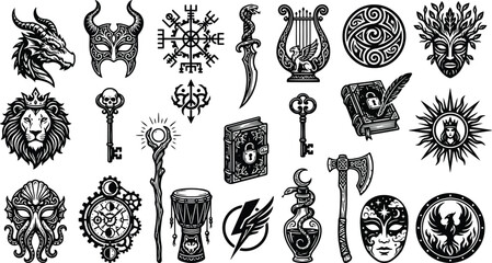 A collection of fantasy and mythological vector icons including a dragon masks keys books weapons and celestial symbols isolated on a transparent background