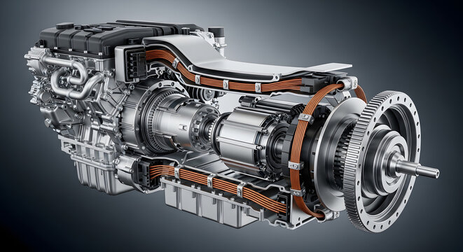 An intricate cutaway view reveals the complex internal workings of a modern hybrid electric engine.