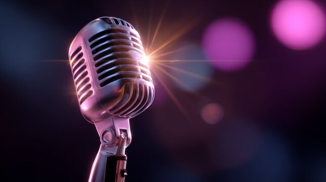 Retro silver microphone with lens flare and purple bokeh effects