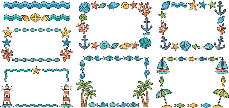 Collection of charming handdrawn nautical and beach themed decorative borders and frames with marine life elements