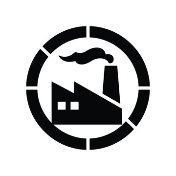 Black silhouette of a factory with smoke coming out of the chimney in a circular frame