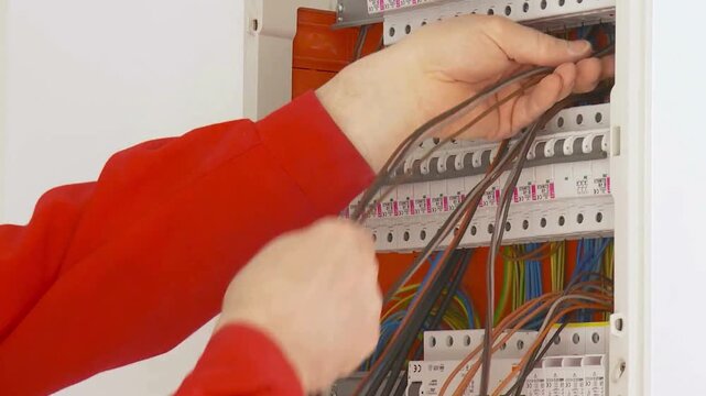 A person in a red shirt organizes cables inside an electrical panel, displaying multiple colored wires and circuit breakers. The tone is focused and technical.