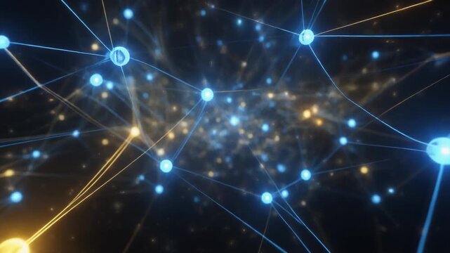 Abstract digital network with glowing nodes and connecting lines representing global communication, technology, and data exchange in a futuristic cyberspace