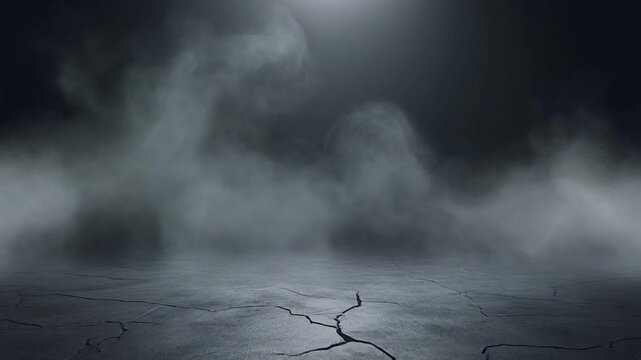 Eerie cracked asphalt surface shrouded in dense, mysterious fog under a dramatic spotlight, creating a dramatic and foreboding atmosphere for a concept stage or abstract background
