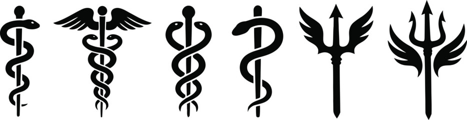 Collection of mythological and medical symbols featuring caduceus and winged trident icons isolated on transparent background for design