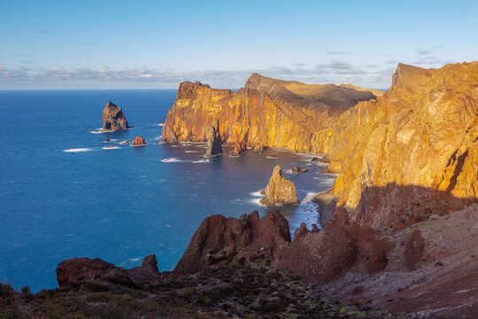 Sunset over the bare cliffs of the volcanic peninsula of Ponta de S&atilde;o Louren&ccedil;o at the east-coast of the isle of Madeira, Portugal
