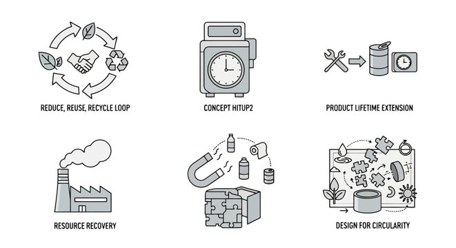 Circular Economy Icons Set: Reduce, Reuse, Recycle Loop, Product Lifetime Extension, Resource Recovery, and Design for Circularity. Sustainability business model vector illustration.