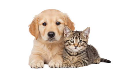 Fototapeta premium A golden retriever puppy and a tabby kitten sit side by side, looking forward.