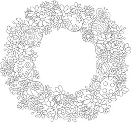 Obraz premium Easter wreath, greeting card, background and holiday frame border with spring flowers, decorative painted gift eggs and funny butterflies, black and white vector cartoon illustration