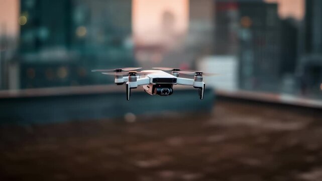Focused view of a compact camera drone landing on a rooftop emphasizing the drones design with the urban environment softly blurred behind