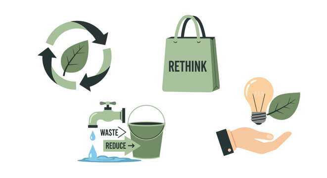 Set of eco-friendly sustainable lifestyle icons illustrating recycling, water conservation, rethinking consumption, and green energy saving concepts in flat vector style.
