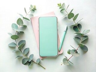Mint green notebook and pen with eucalyptus leaves