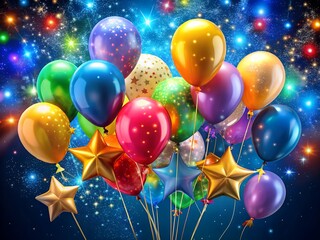 Vibrant balloons and stars in a starry night sky