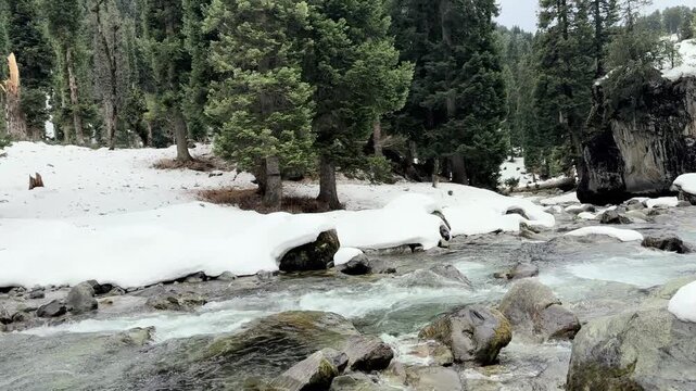 Scenic natural beauty of Chandanwari Valley featuring rocky landscapes, flowing streams, snow patches, and majestic Himalayan mountains near Pahalgam, Kashmir.