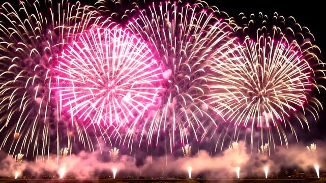 Explosive display of pink & white fireworks against a night sky over a dark horizon