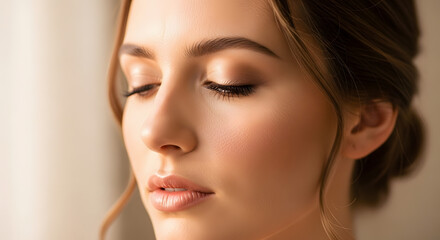 Fototapeta premium A beautiful young woman with elegant makeup and a serene expression, gently closing her eyes in peace.